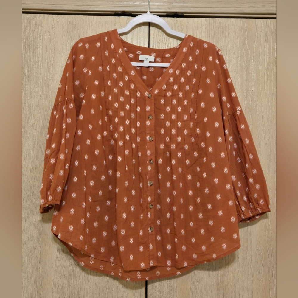 J. Jill Rust Orange Floral Pintuck Button Front Blouse Quarter Sleeve
